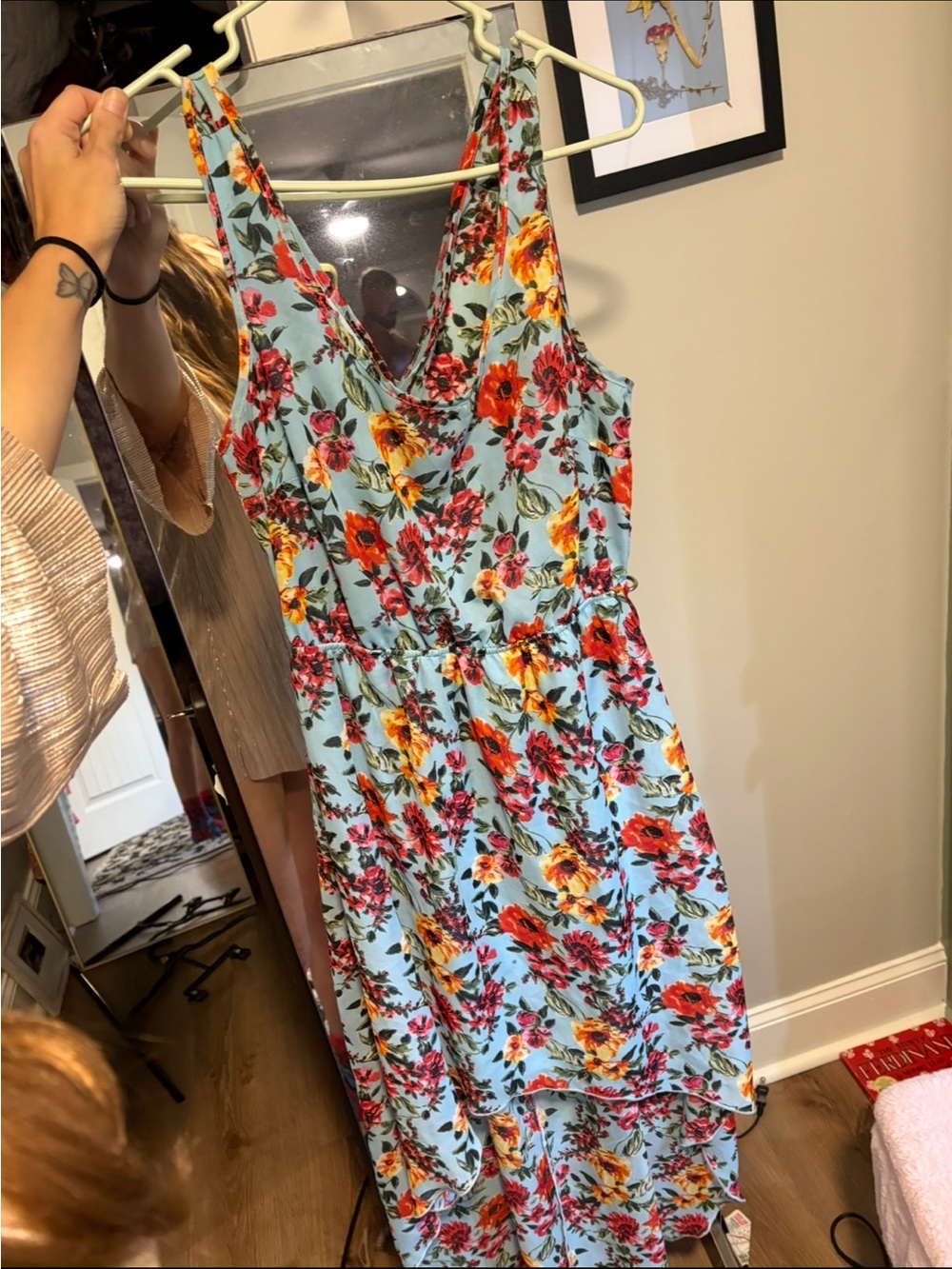 Offers open! Large L8teR Light Blue Floral Maxi Dress with Red & Yellow Flowers